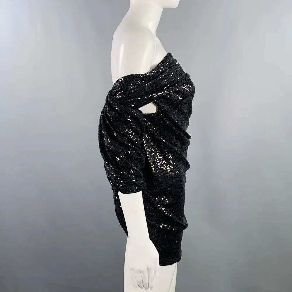THE ATTICO Size 4 Black Nylon Blend Sequined One Shoulder Dress Top